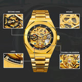 Men Automatic Mechanical Watch with Luminous Dial and Steel Band - Gold Belt White Face