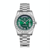 Men Quartz Watch with Diamond-encrusted Roman Numeral Dial - Silver Shell Green Dial