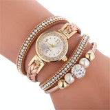 Women Beige Woven Pearl Bracelet Watch - Round Analog Quartz - Black