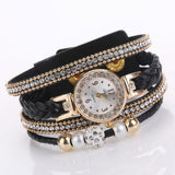 Women Beige Woven Pearl Bracelet Watch - Round Analog Quartz - Black