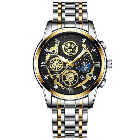 Waterproof Luminous Quartz Watch with Multifunctional Design - Inter-Gold Black Surface