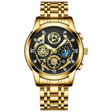 Waterproof Luminous Quartz Watch with Multifunctional Design - Inter-Gold Black Surface