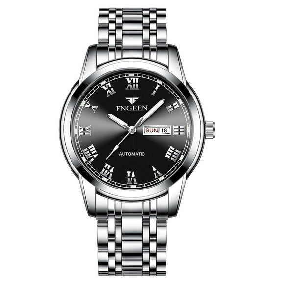 Men Luminous Quartz Watch with Roman Numeral Dial - Sporty Style - White Steel Black Surface