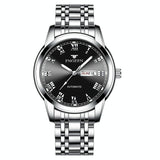 Men Luminous Quartz Watch with Roman Numeral Dial - Sporty Style - White Steel Black Surface
