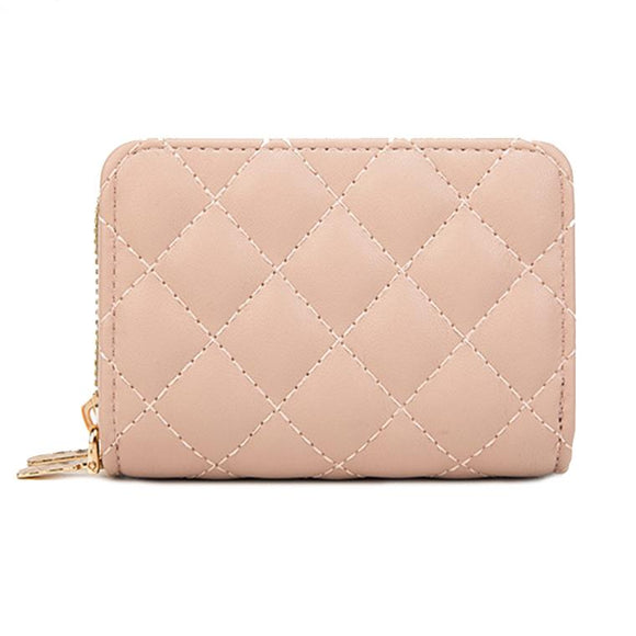 Double Layer Zipper Wallet Multi Card Slot Large Capacity Rhombus Design - Pink