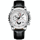 Stainless Steel Waterproof Men Sports Watch - Black Leather White Steel White Surface