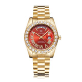 Men Quartz Watch with Diamond-encrusted Roman Numeral Dial - Silver Shell Red Dial