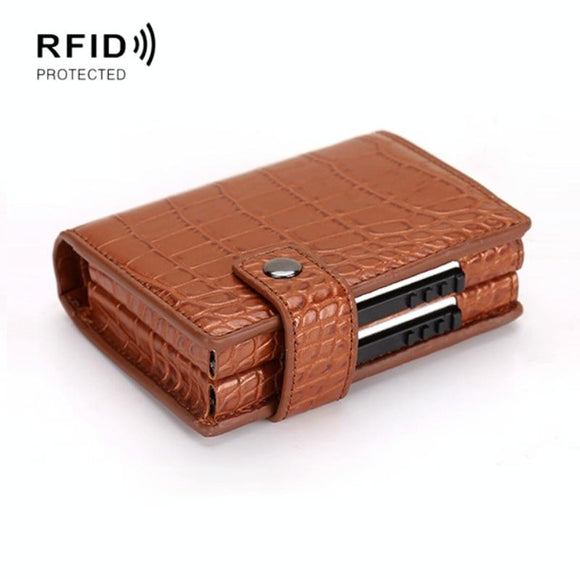 Secure Dual Card Wallet with Rfid Blocking - Crocodile Pattern Coffee