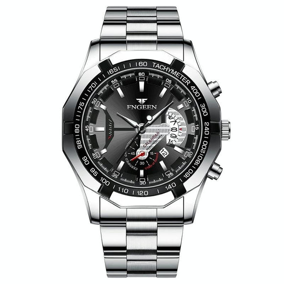 Waterproof Men Calendar Watch - White Steel Black Surface