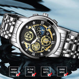 Waterproof Luminous Quartz Watch with Multifunctional Design - White Steel Black Surface
