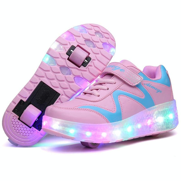Rechargeable Double Wheel Roller Skating Shoes - Pink Size 35