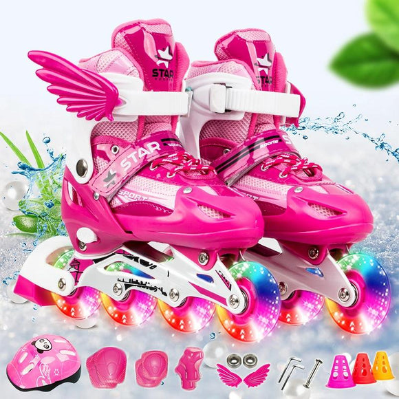 Adjustable Kids Roller Skates Set - Flash Wheels Size m - Pink