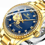 Gold Automatic Mechanical Watch with Diamond Accents for Men
