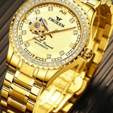 Gold Automatic Mechanical Watch with Diamond Accents for Men