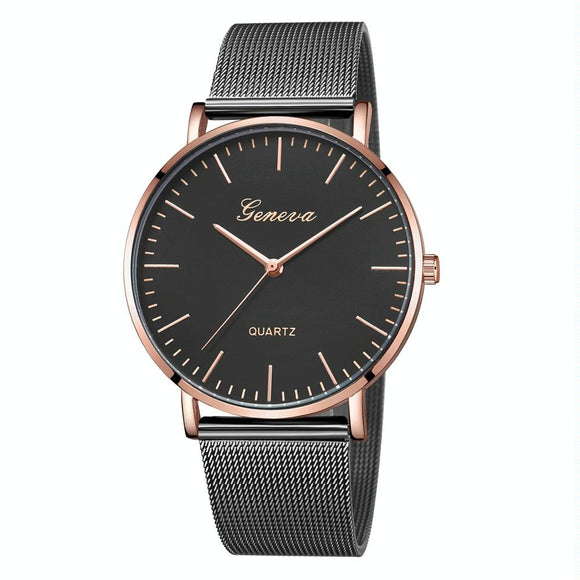 Stainless Steel Mesh Unisex Quartz Watch - Rose Gold Sheel Black Dial Black Band