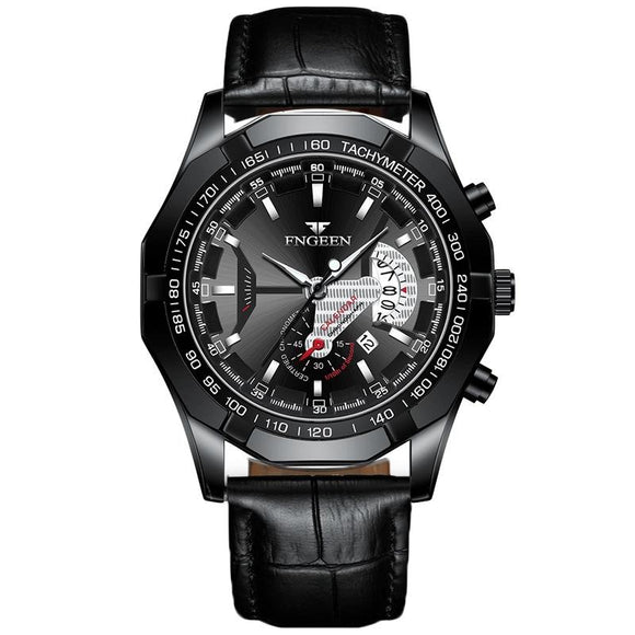 Waterproof Men Calendar Watch - Black Leather Black Steel Black Surface