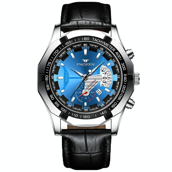 Waterproof Men Calendar Watch - Black Leather Black Steel Blue Surface