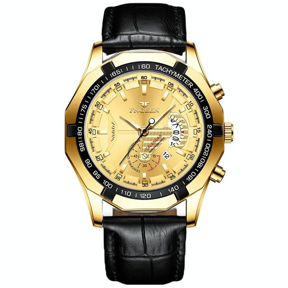 Waterproof Men Calendar Watch - Black Leather Full Gold Golden Surface