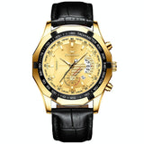 Waterproof Men Calendar Watch - Black Leather Full Gold Golden Surface