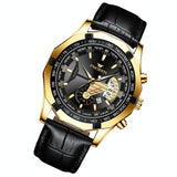 Waterproof Men Calendar Watch - Black Leather Full Gold Golden Surface