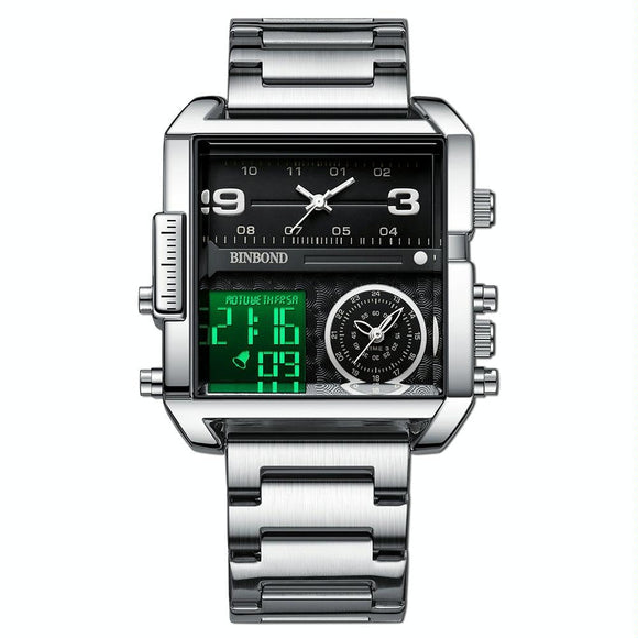 Waterproof Square Multifunctional Sports Quartz Watch - White Steel-Black