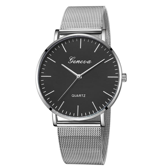 Stainless Steel Mesh Unisex Quartz Watch - Silver Band Black Dial Silver Needle