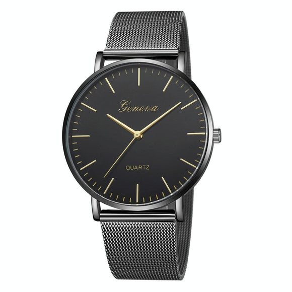 Stainless Steel Mesh Unisex Quartz Watch - Black Band Black Dial Gold Needle