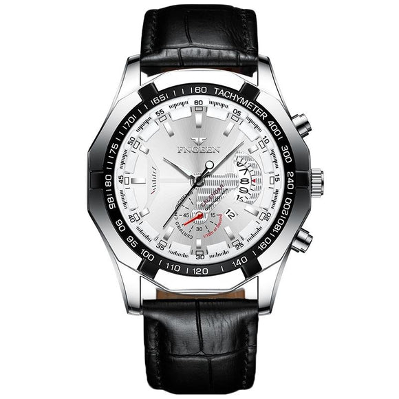 Waterproof Men Calendar Watch - Black Leather White Steel White Flour