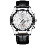 Waterproof Men Calendar Watch - Black Leather White Steel White Flour