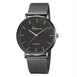 Stainless Steel Mesh Unisex Quartz Watch - Black Shell Black Dial Rose Gold Needle