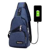 Multi Function Canvas Chest Bag With Usb Charging Outdoor Sports Shoulder Bag For Men / Women / Students - Blue