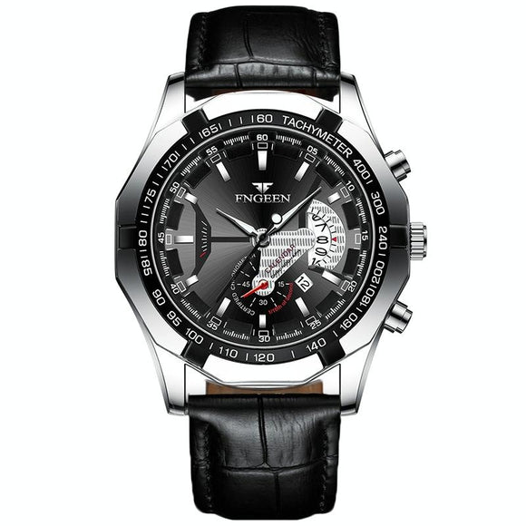 Waterproof Men Calendar Watch - Black Leather White Steel Black Surface