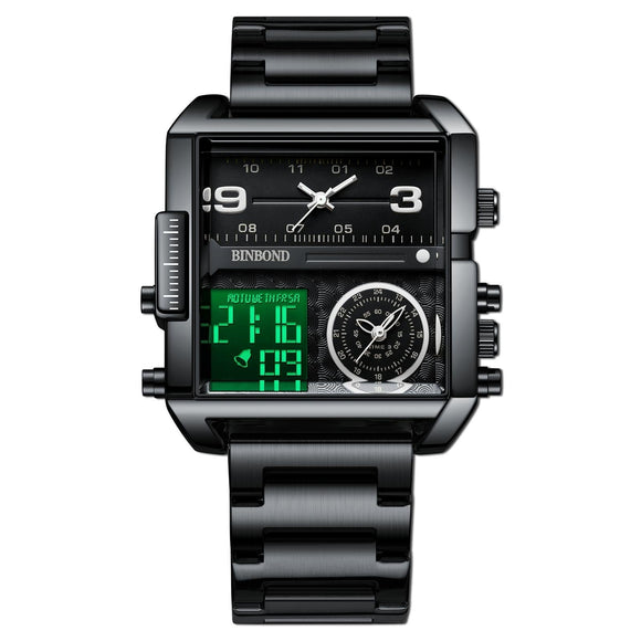 Waterproof Square Multifunctional Sports Quartz Watch - Black Steel-Black-White