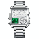 Waterproof Square Multifunctional Sports Quartz Watch - Black Steel-Black-White