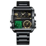Waterproof Square Multifunctional Sports Quartz Watch - Black Steel-Black-Gold