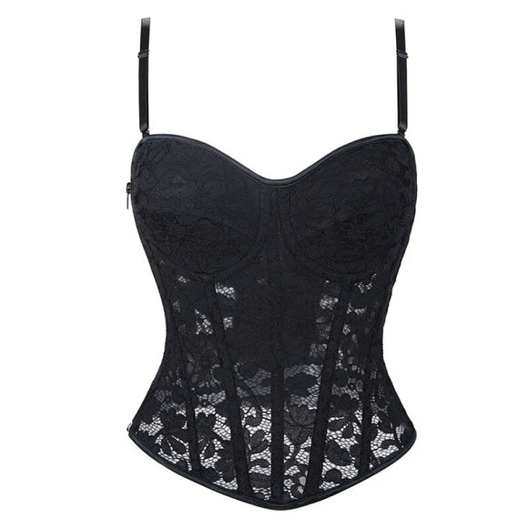 Adjustable Fishbones Spaghetti Strap Corset With Floral Lace Overlay Plus Size Xs-Xxxl - Xl