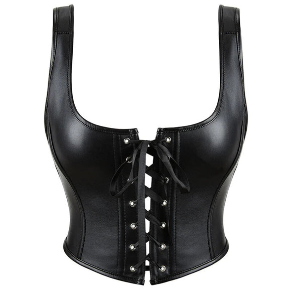 12-Bone Shoulder Strap Corset Crop Top Synthetic Leather Lacing Ribbon Bandaged Design Women - 6Xl