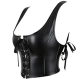 12-Bone Shoulder Strap Corset Crop Top Synthetic Leather Lacing Ribbon Bandaged Design Women - M