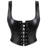 12-Bone Shoulder Strap Corset Crop Top Synthetic Leather Lacing Ribbon Bandaged Design Women - S