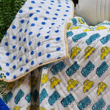 Kid's Beds & Bed Frames: GOTS Certified Organic Cotton Reversible Baby Quilt (100x120cm) - Yellow Cars