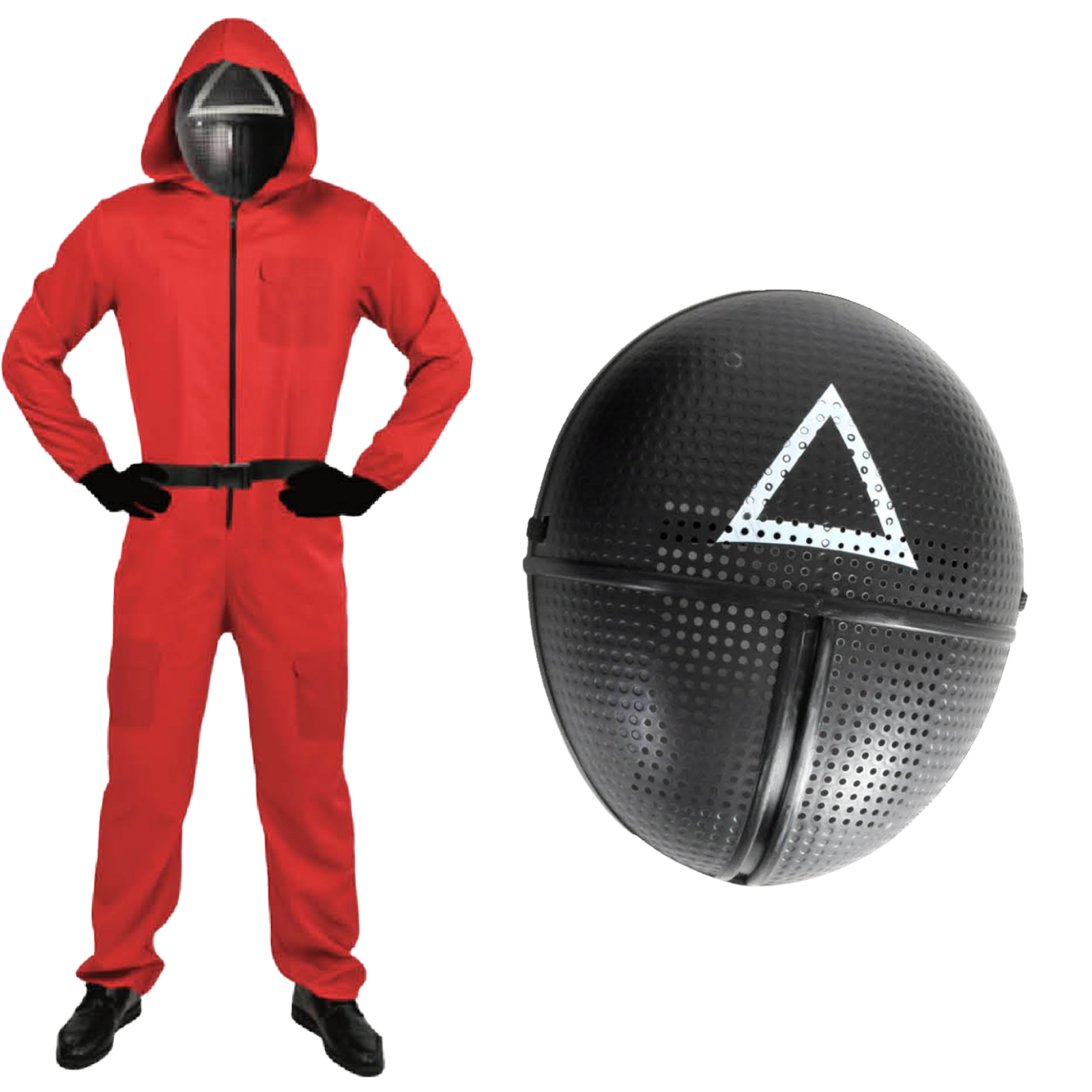 Costumes & Accessories: Adult Squid Game Guard Tracksuit Red Full Party Costume Set w/ Mask - Triangle Mask - S/M