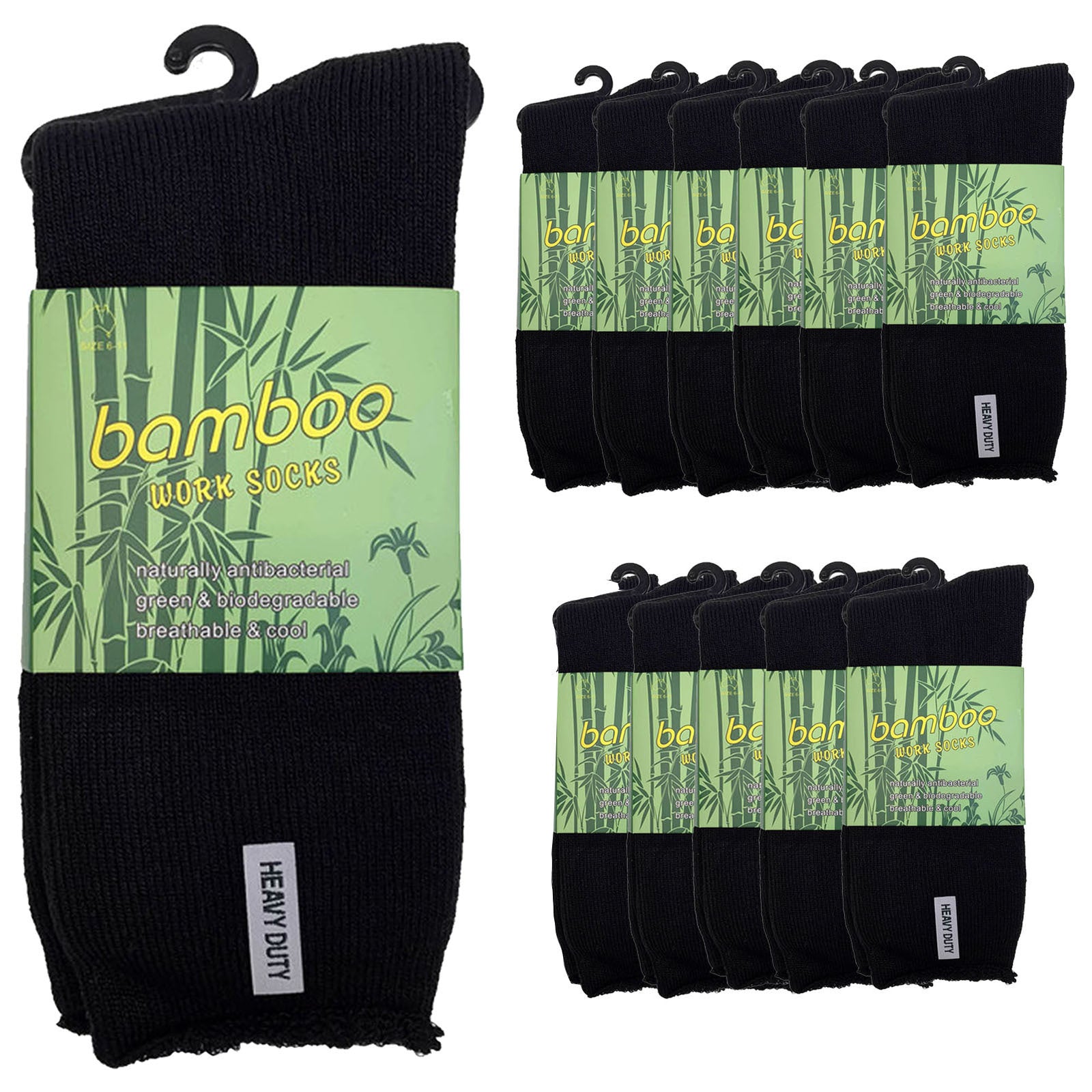 12 Pairs Bamboo Rich Mens Work Socks Thick Cushion Anti Odour - Black - 11-14