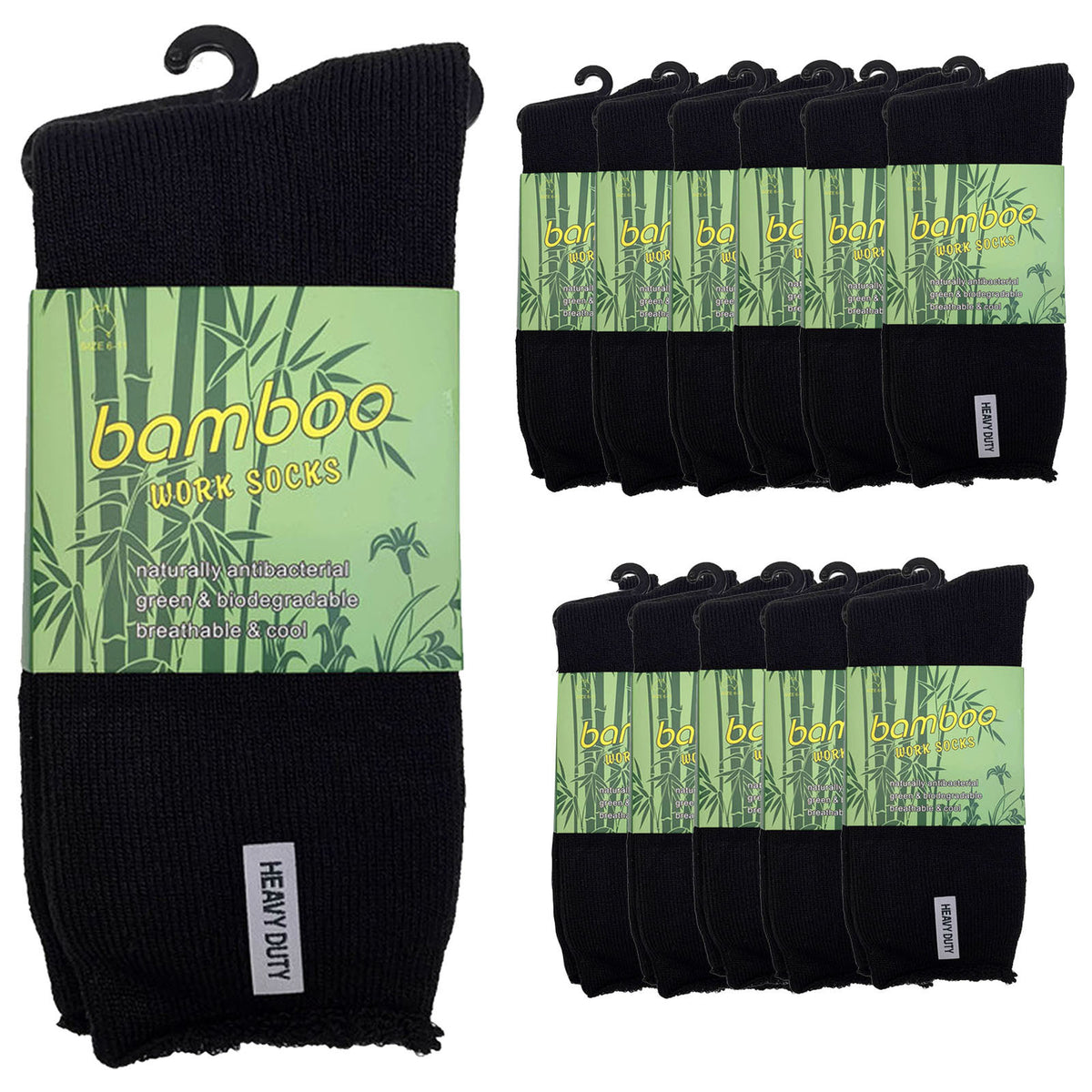 12 Pairs Bamboo Rich Mens Work Socks Thick Cushion Anti Odour - Black - 6-11