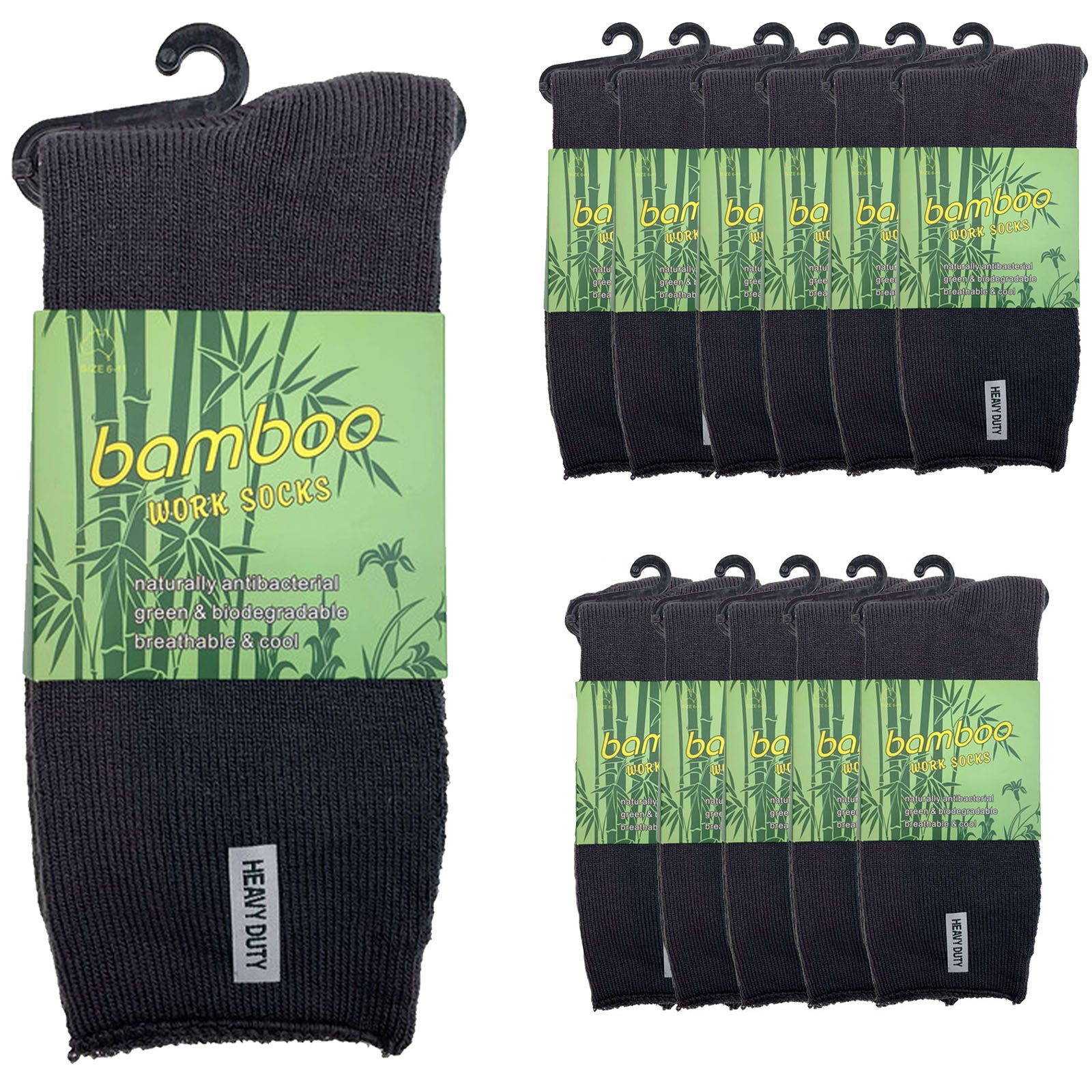 12 Pairs Bamboo Rich Mens Work Socks Thick Cushion Anti Odour - Charcoal Grey - 6-11