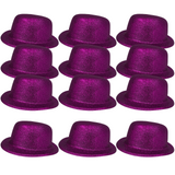 12x GLITTER BOWLER HAT Fancy Party Plastic Costume Cap Fun Dress Up Sparkle BULK - Purple