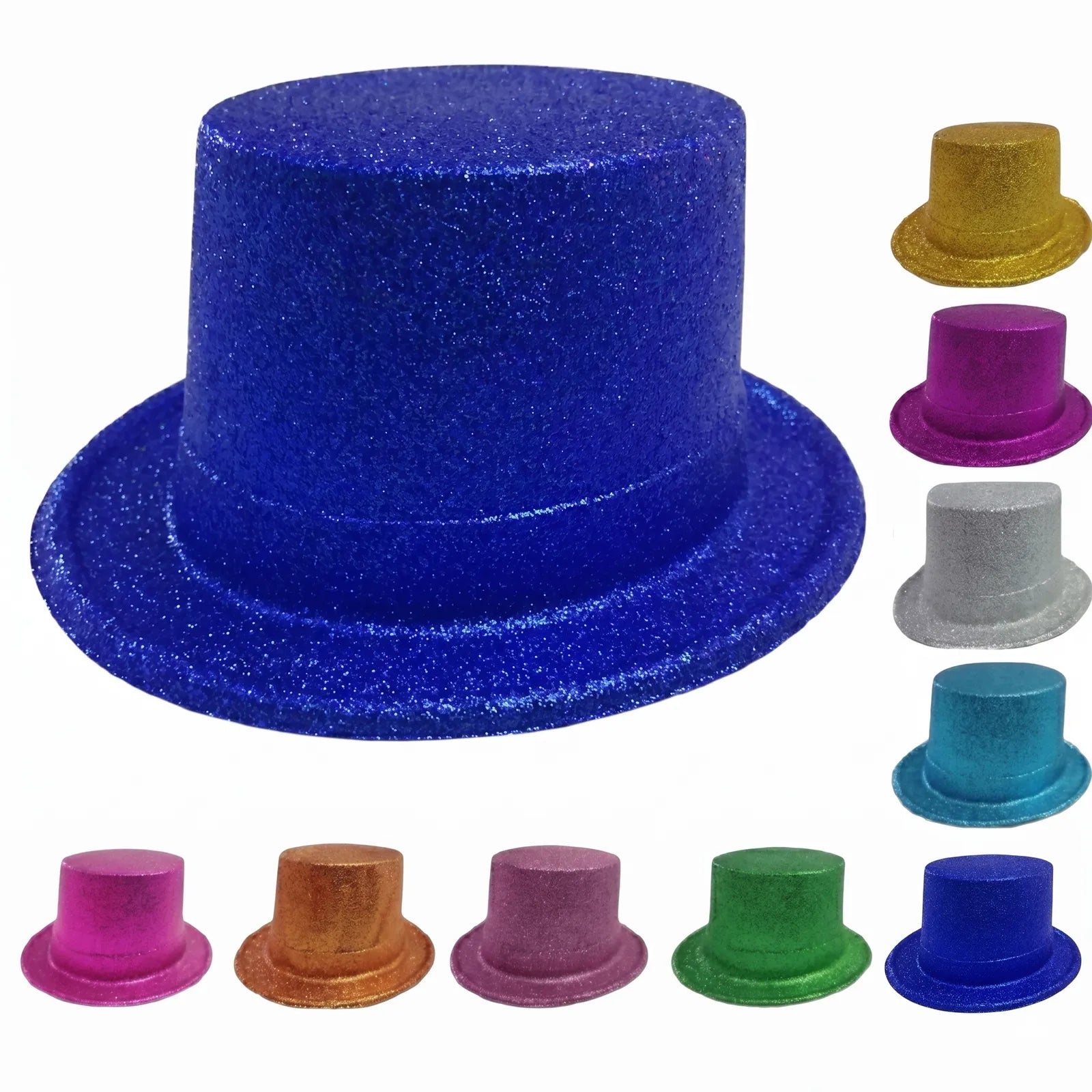 12x GLITTER TOP HAT Fancy Party Plastic Costume Tall Cap Fun Dress Up BULK - Mixed Colour Pack