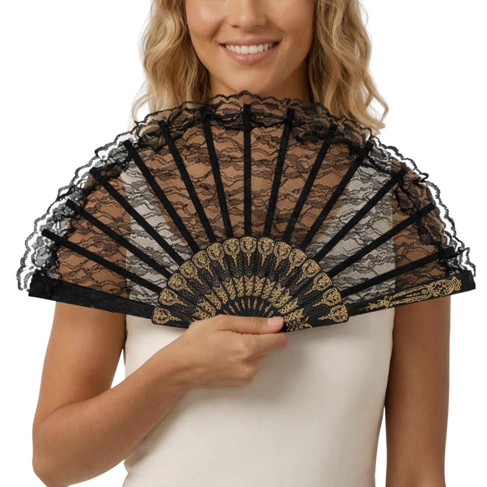 Lace Folding Hand Fan Bridal Wedding Party Spanish Costume Accessory - Black