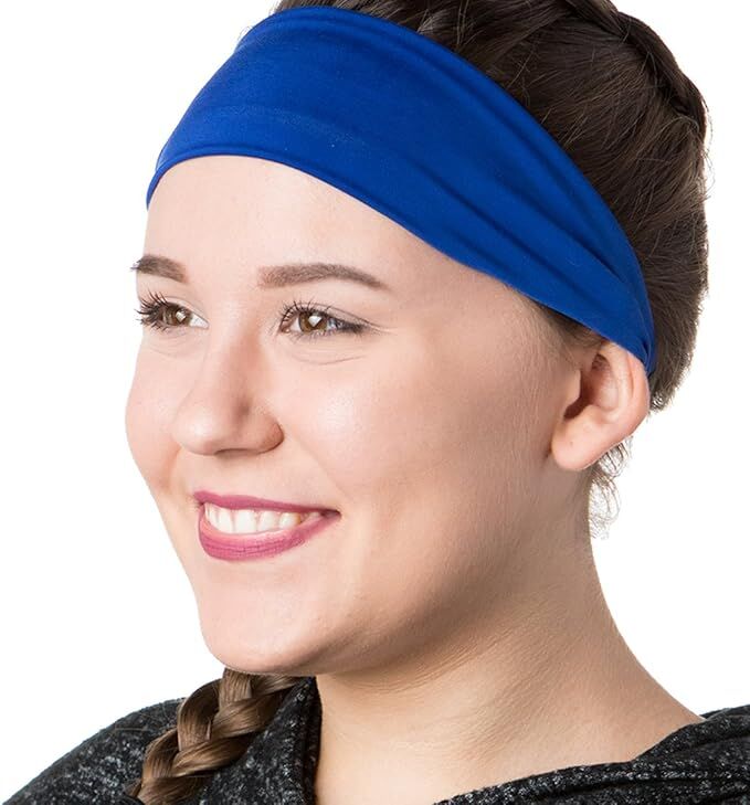 PLAIN HEADBAND Elastic Stretch Sports Yoga Hair Band Unisex 8cm Wide Wrap - Blue