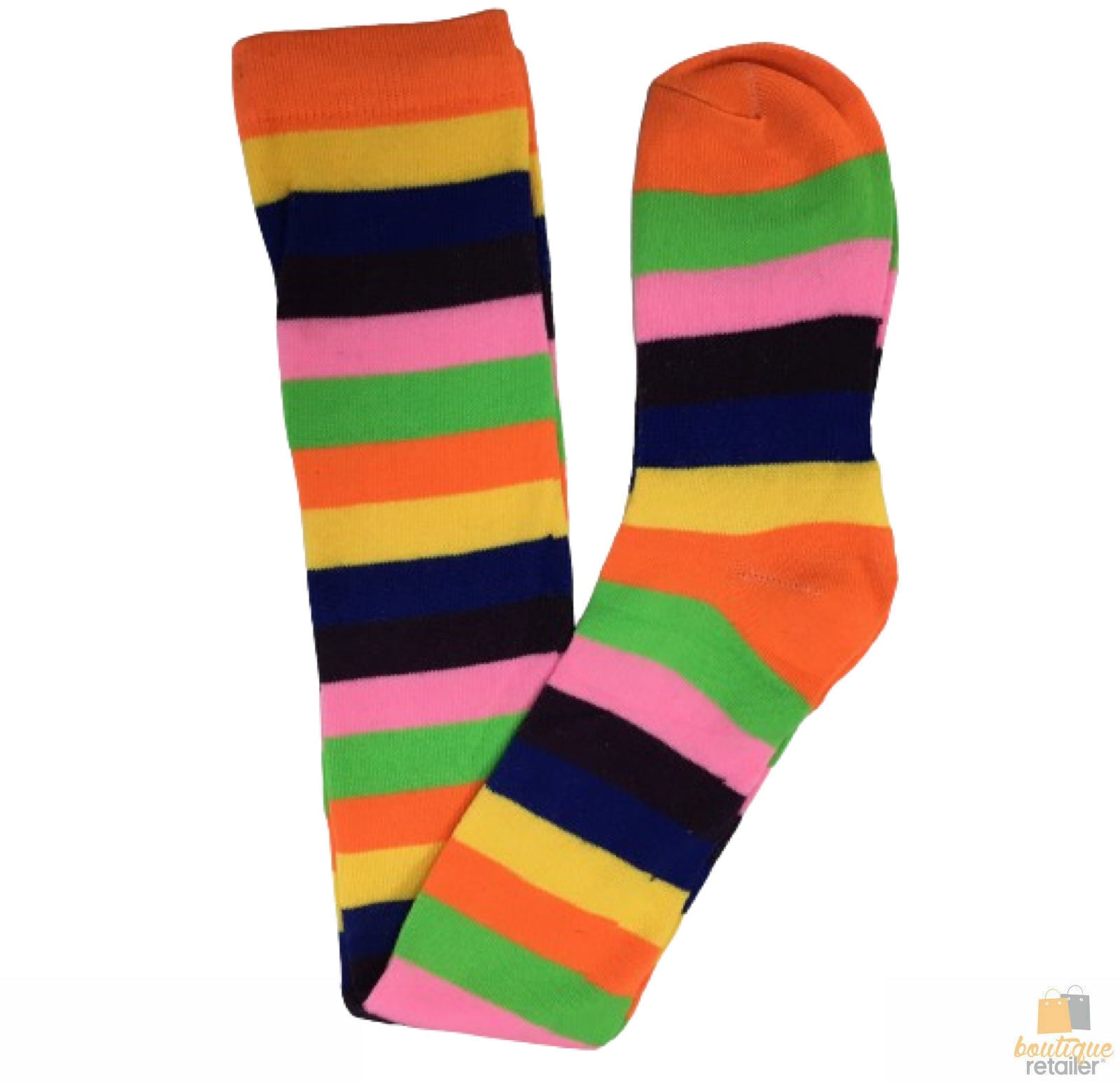 Womens Over Knee Socks Striped Thigh High Stockings Long Stretch - Pink Rainbow