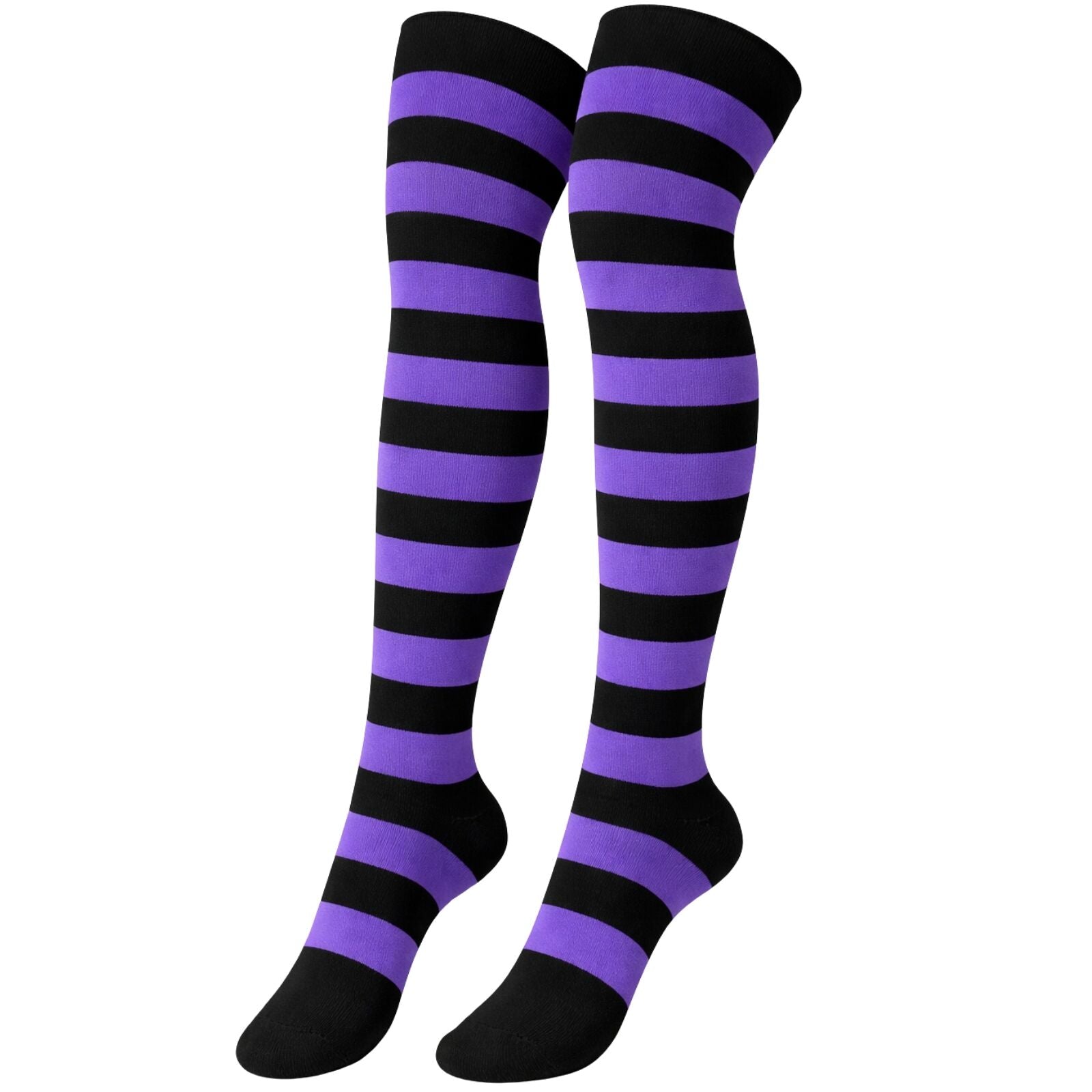 Womens Over Knee Socks Striped Thigh High Stockings Long Stretch - Black/Purple